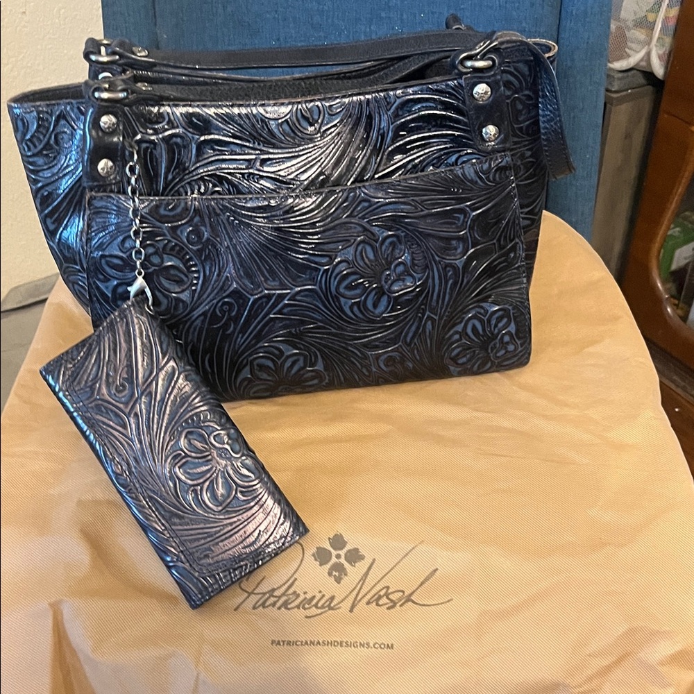 Patricia Nash Dark Blue Embossed Leather Shoulder Bag  matching wallet